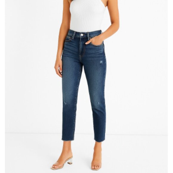 Express High Rise Straight Ankle Jeans Size 0 Distressed Raw Hem 13x24 - Picture 1 of 5